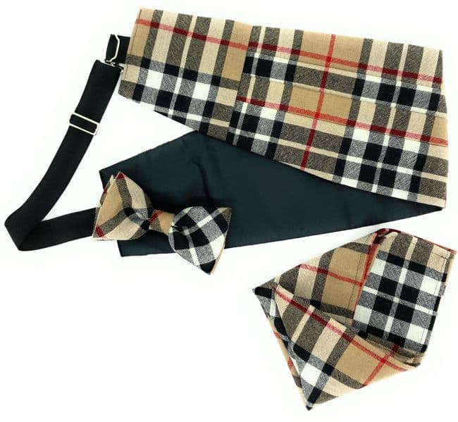 Gents Pure Wool Thomson Camel Tartan Cummerbund & Bow Tie , Pocket Square Set - Made in Scotland