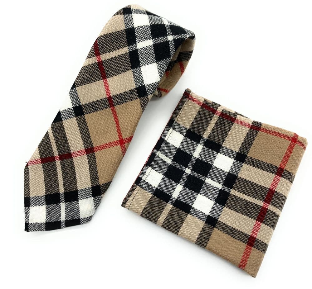 Gents Pure Wool Thomson Camel Tartan Tie & Matching Pocket Square Set - Made In Scotland