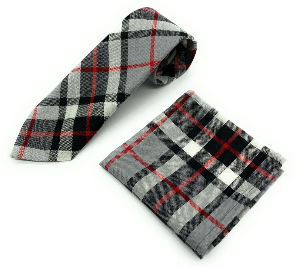Gents Pure Wool Thomson Grey Tartan Tie & Matching Pocket Square Set - Made in Scotland