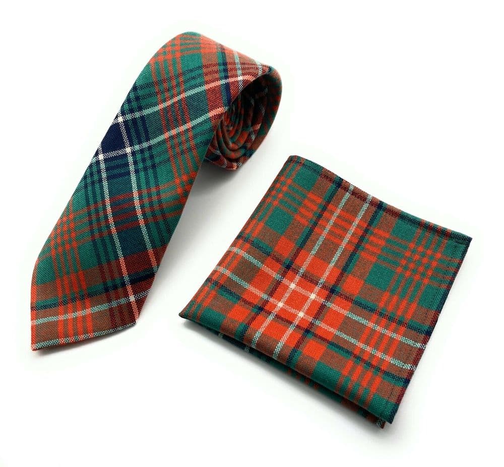 Gents Pure Wool Wilson Ancient Tartan Tie & Matching Pocket Square Set - Made in Scotland