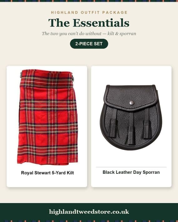 Gents Royal Stewart Tartan 5 Yard Kilt & Casual Day Sporran Set