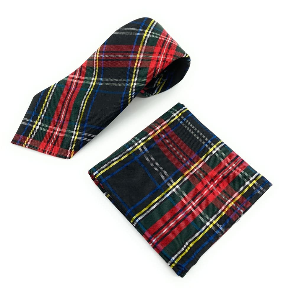 Gents Stewart Black Tartan Tie & Matching Pocket Square Set