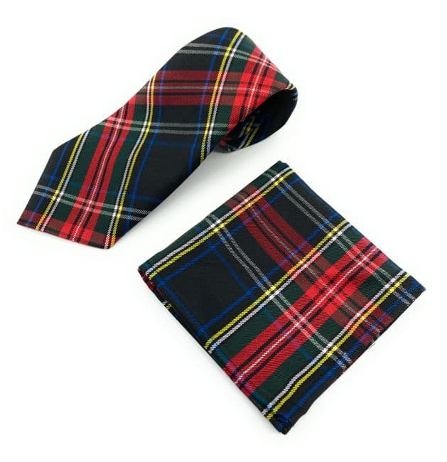 Gents Stewart Black Tartan Tie & Matching Pocket Square Set
