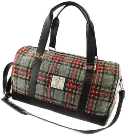 Grey & Red Tartan Large Harris Tweed Weekend Holdall Bag
