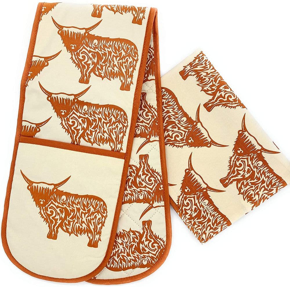 Highland Cow Oven Gloves & Tea Towel Matching Set