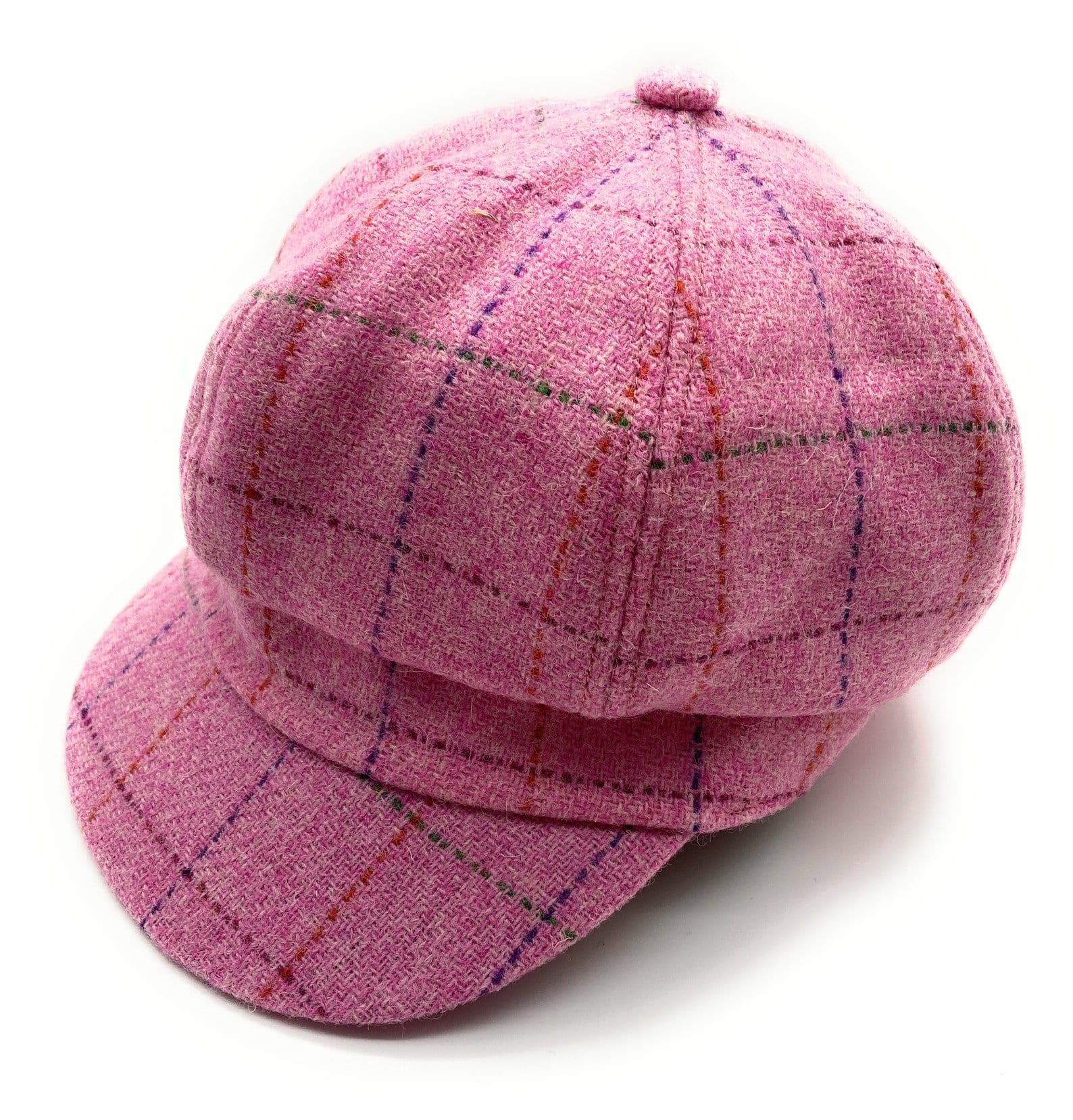 Ladies Authentic Harris Tweed Baker Boy Cap Deep Bright Pink Check