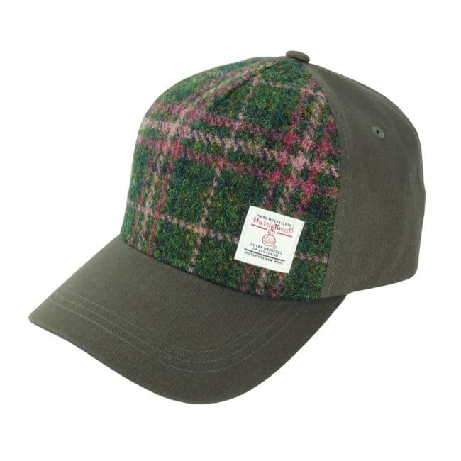 Ladies Authentic Harris Tweed Baseball Cap Dark Green & Plum Check