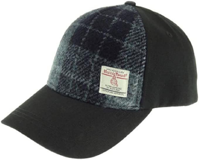 Ladies Authentic Harris Tweed Baseball Cap Grey & Black Check Tartan