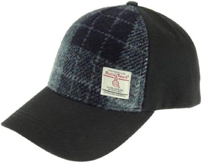 Ladies Authentic Harris Tweed Baseball Cap Grey & Black Check Tartan