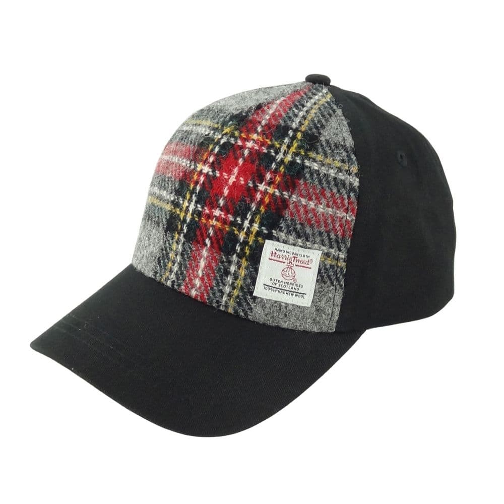 Ladies Authentic Harris Tweed Baseball Cap Grey & Red Tartan