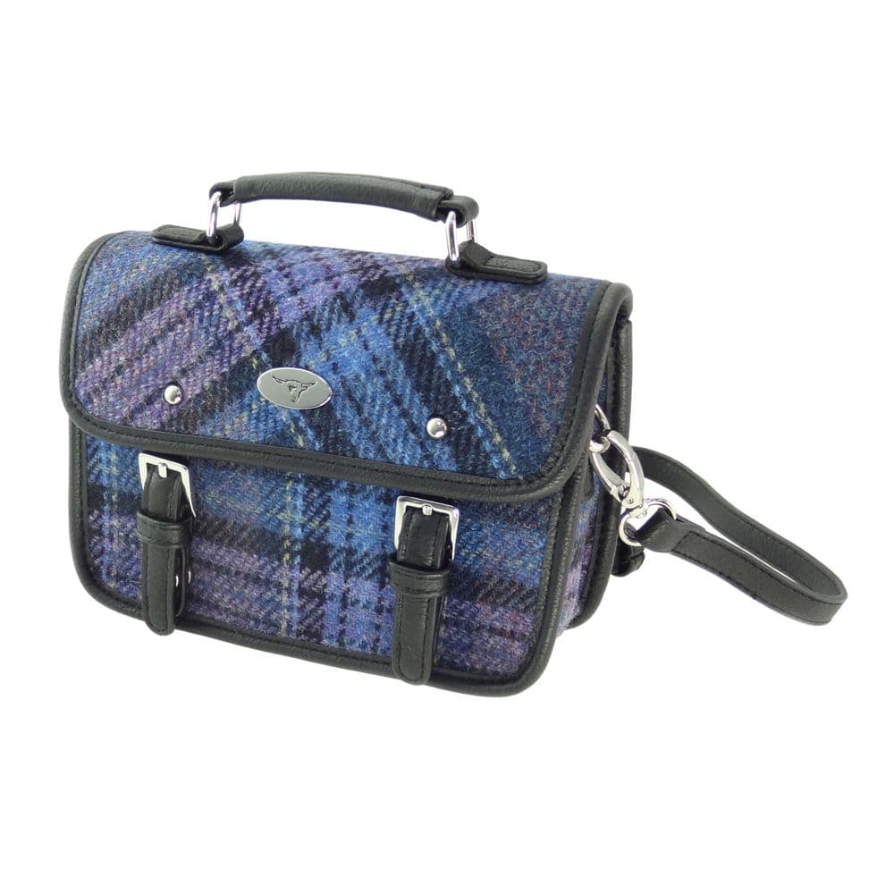 Ladies Authentic Harris Tweed Blue & Purple Stewart Tartan Cross Body Mini Satchel Shoulder Bag