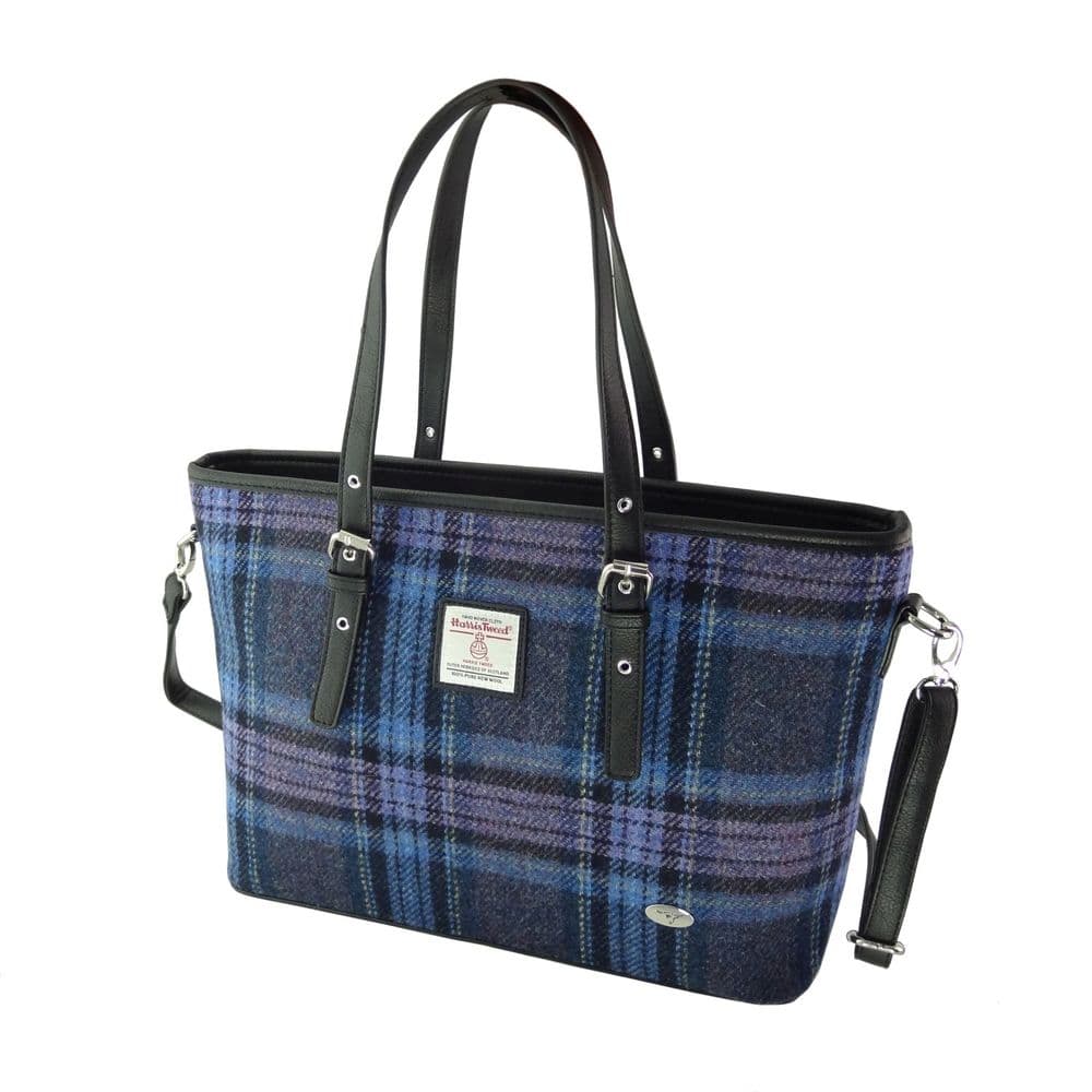 Ladies Authentic Harris Tweed Blue & Purple Stewart Tartan Large Tote Bag