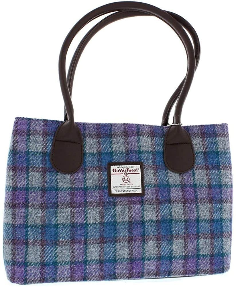 Ladies Authentic Harris Tweed Classic Handbag Blue/Purple Check On Grey