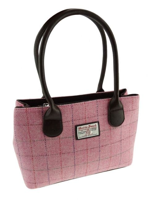Ladies Authentic Harris Tweed Classic Handbag Bright Pink With Overcheck