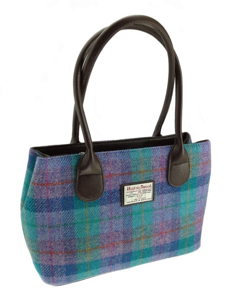 Ladies Authentic Harris Tweed Classic Handbag Green & Purple Check
