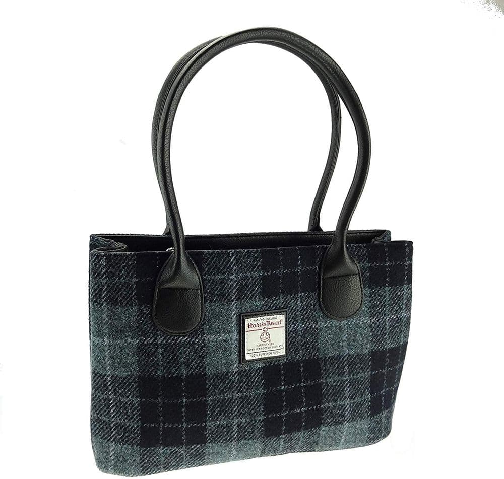 Ladies Authentic Harris Tweed Classic Handbag Grey/Black Tartan