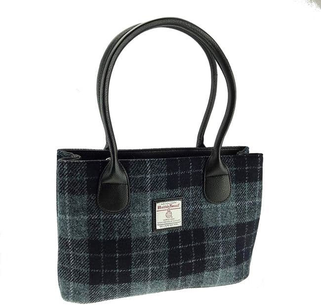 Ladies Authentic Harris Tweed Classic Handbag Grey/Black Tartan
