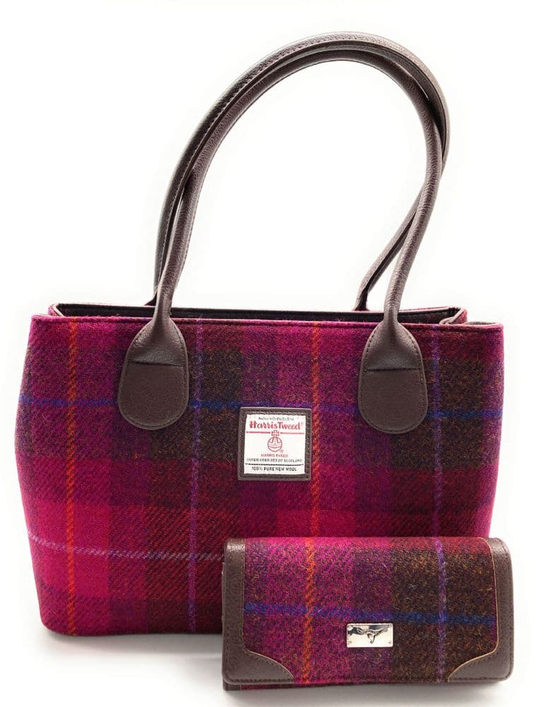 Ladies Authentic Harris Tweed Classic Handbag & Matching Purse Set Deep Pink Check