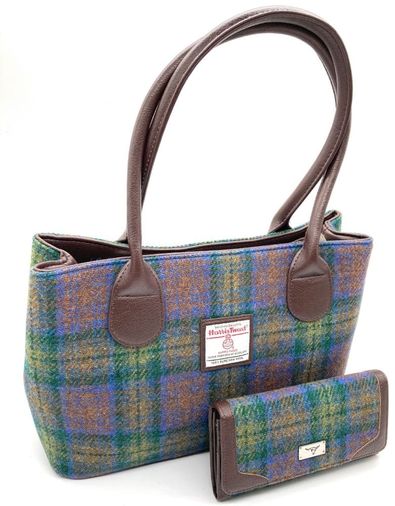 Ladies Authentic Harris Tweed Classic Handbag & Matching Purse Set Isle of Skye Tartan