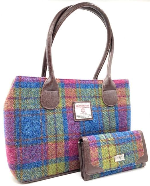Ladies Authentic Harris Tweed Classic Handbag & Matching Purse Set Multi Colour Check