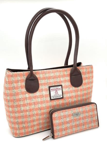 Ladies Authentic Harris Tweed Classic Handbag & Matching Purse Set Orange Check