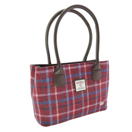 Ladies Authentic Harris Tweed Classic Handbag Rust Red With Green/White & Blue Overcheck