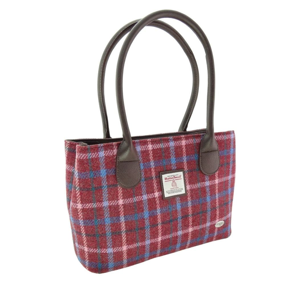 Ladies Authentic Harris Tweed Classic Handbag Rust Red With Green/White & Blue Overcheck