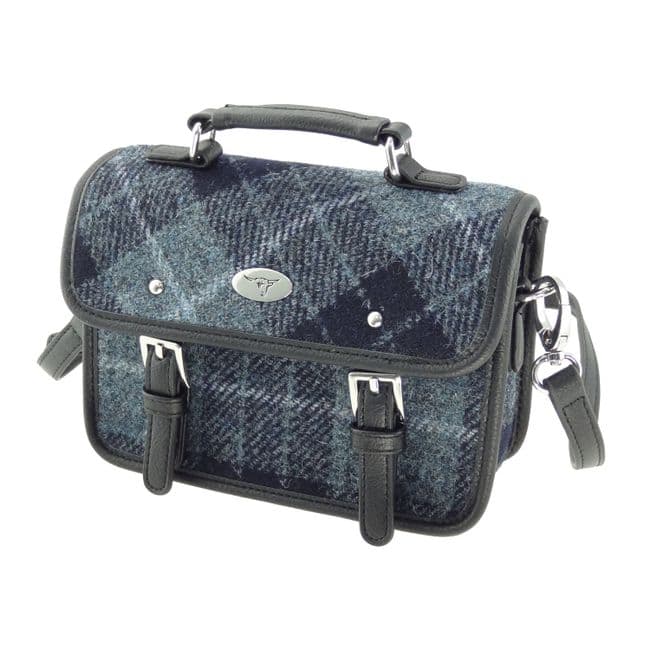 Ladies Authentic Harris Tweed Cross Body Mini Satchel Shoulder Bag in Grey / Black Tartan