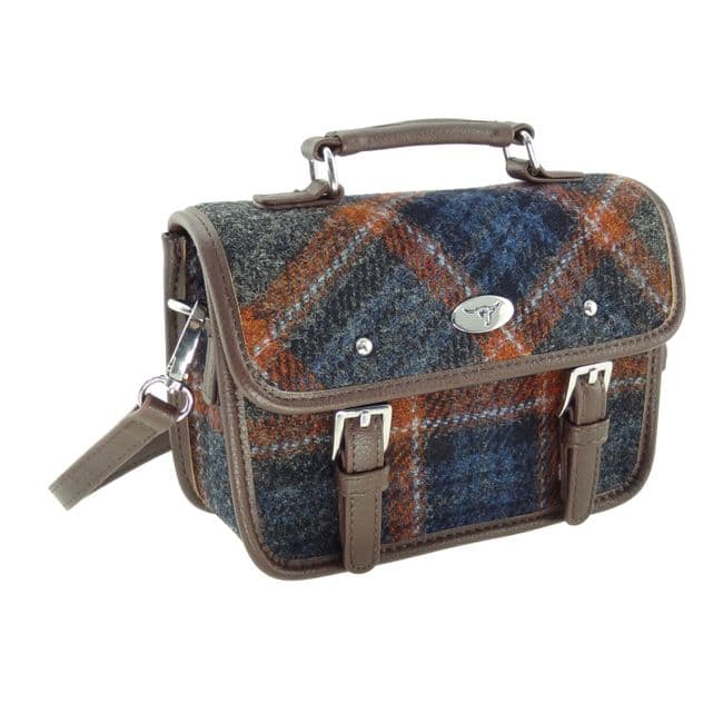 Ladies Authentic Harris Tweed Cross Body Mini Satchel Shoulder Bag in Grey with Rust Overcheck