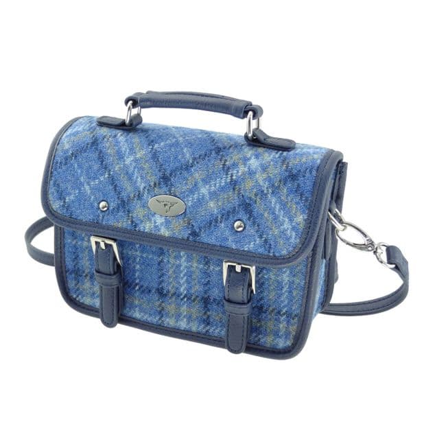 Ladies Authentic Harris Tweed Cross Body Mini Satchel Shoulder Bag in Light Blue Check