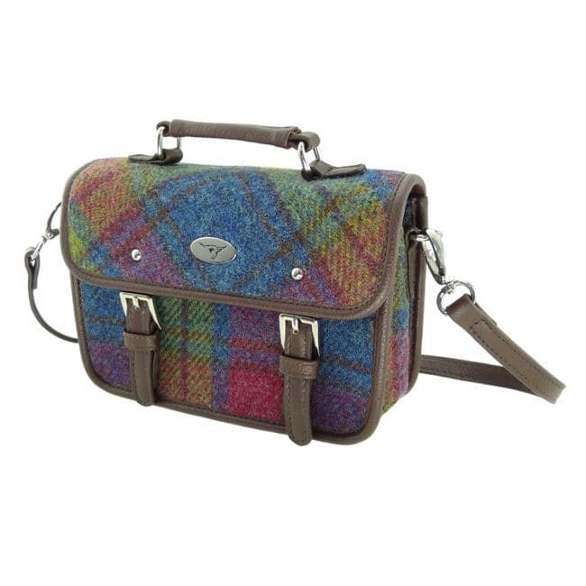 Ladies Authentic Harris Tweed Cross Body Mini Satchel Shoulder Bag in Multi Colour Tartan Check