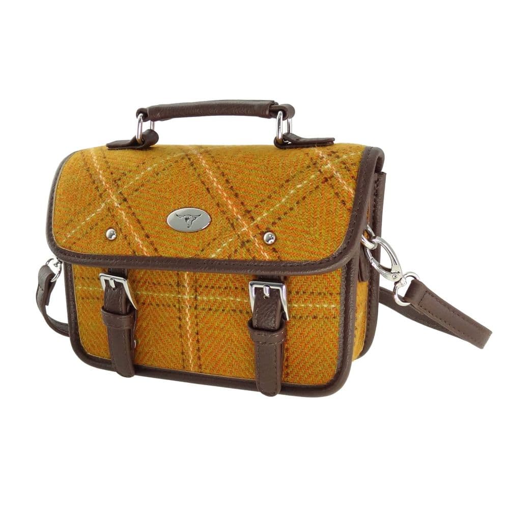 Ladies Authentic Harris Tweed Cross Body Mini Satchel Shoulder Bag in Mustard Overcheck
