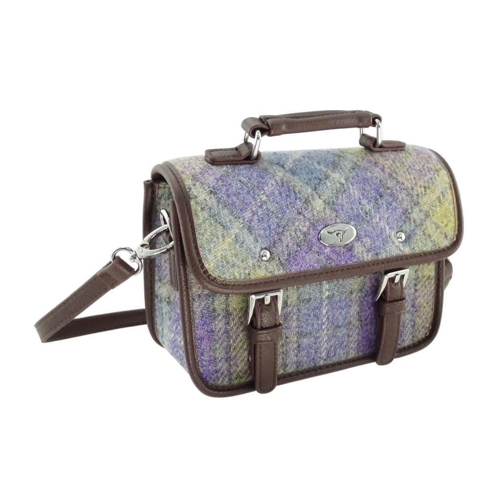 Ladies Authentic Harris Tweed Cross Body Mini Satchel Shoulder Bag in Muted Lilac / Green Check
