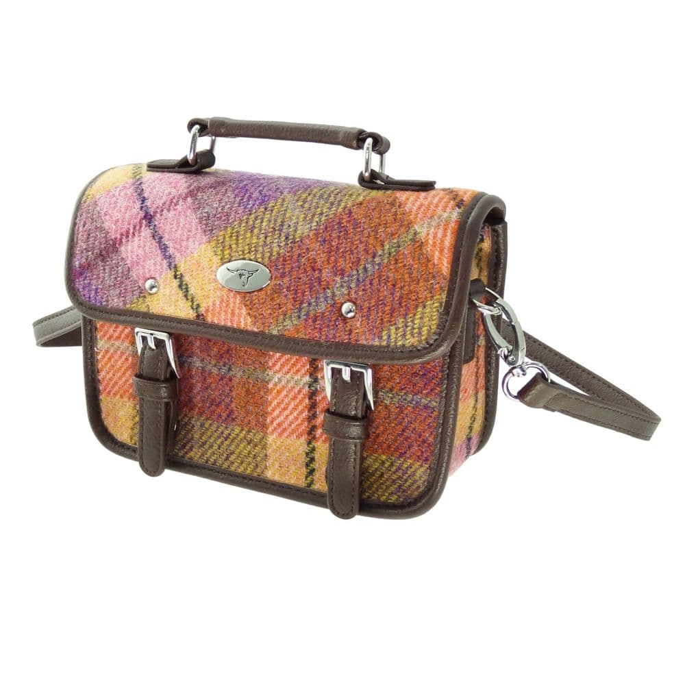 Ladies Authentic Harris Tweed Cross Body Mini Satchel Shoulder Bag in Orange & Lilac Overcheck