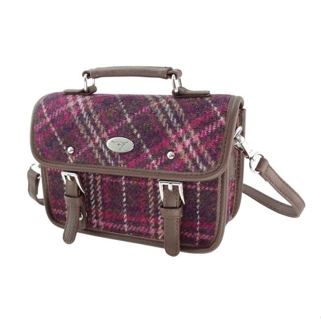 Ladies Authentic Harris Tweed Cross Body Mini Satchel Shoulder Bag in Wine Overcheck