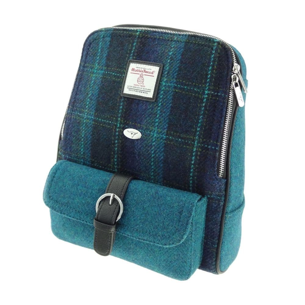 Ladies Authentic Harris Tweed Dark Green Check Backpack In Contrasting Tweeds