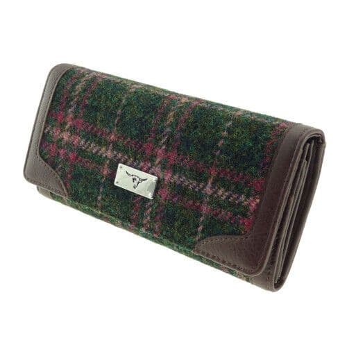 Ladies Authentic Harris Tweed Dark Green Plum Check Long Purse