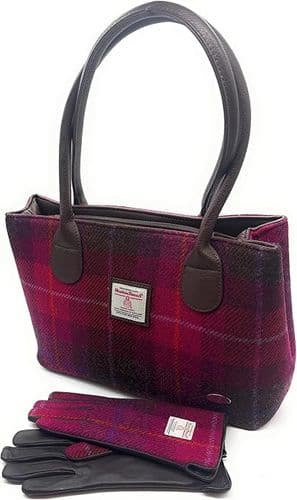Ladies Authentic Harris Tweed Deep Pink Check Classic Handbag & Gloves Matching Set