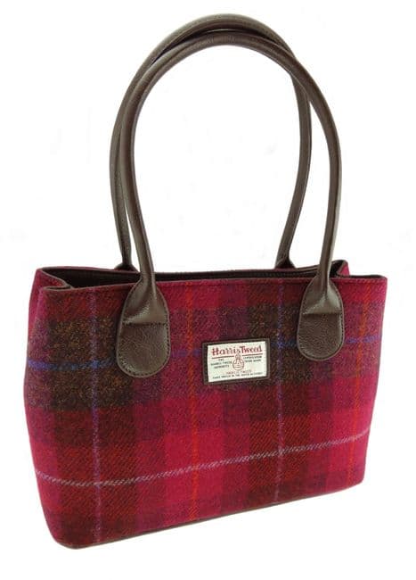 Ladies Authentic Harris Tweed Deep Pink Check Classic Handbag & Gloves Matching Set