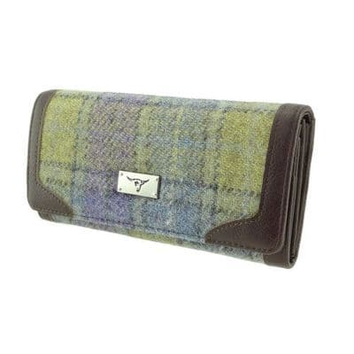 Ladies Authentic Harris Tweed Green Lilac Check Long Purse