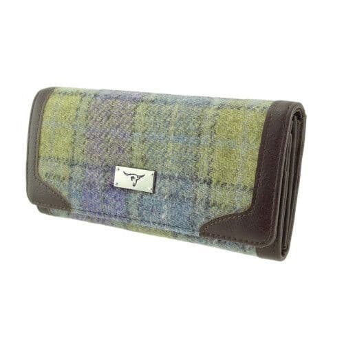 Ladies Authentic Harris Tweed Green Lilac Check Long Purse