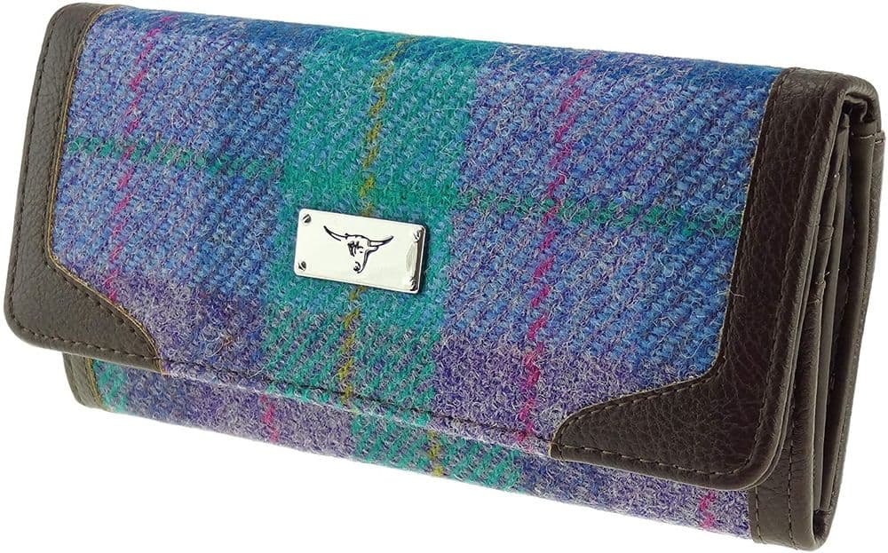 Ladies Authentic Harris Tweed Green & Purple Check Long Purse