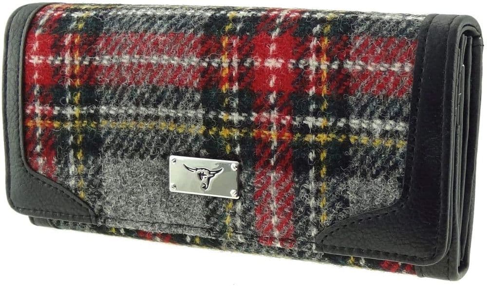 Ladies Authentic Harris Tweed Grey & Red Check Long Purse