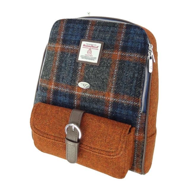 Ladies Authentic Harris Tweed Grey with Rust OverCheck Backpack In Contrasting Tweeds