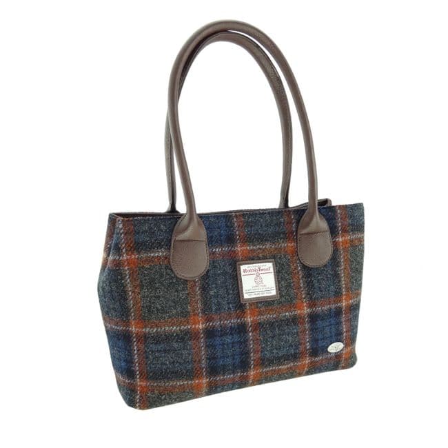 Ladies Authentic Harris Tweed Grey with Rust Overcheck Classic Handbag