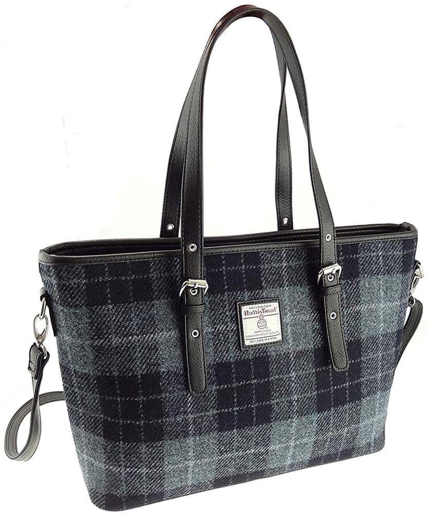 Ladies Authentic Harris Tweed Large Tote Bag Grey/Black Tartan