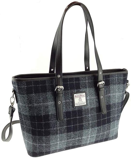 Ladies Authentic Harris Tweed Large Tote Bag Grey/Black Tartan