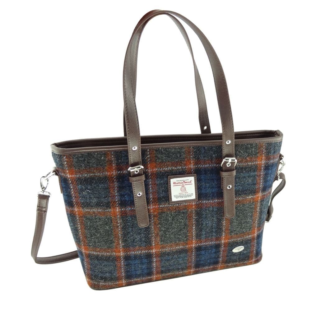 Ladies Authentic Harris Tweed Large Tote Bag Grey with Rust Overcheck