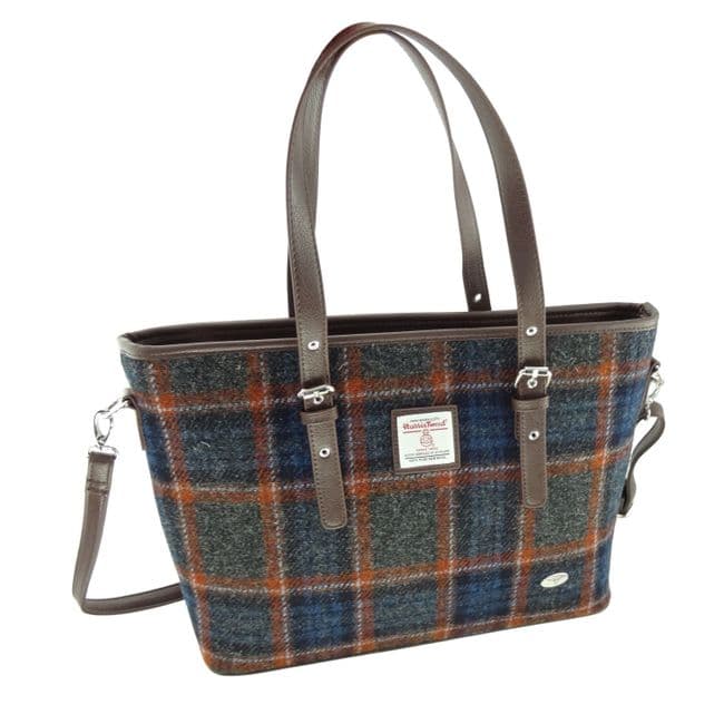 Ladies Authentic Harris Tweed Large Tote Bag Grey with Rust Overcheck