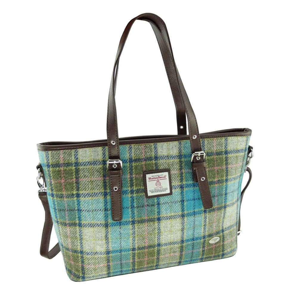 Ladies Authentic Harris Tweed Large Tote Bag Light Blue Check